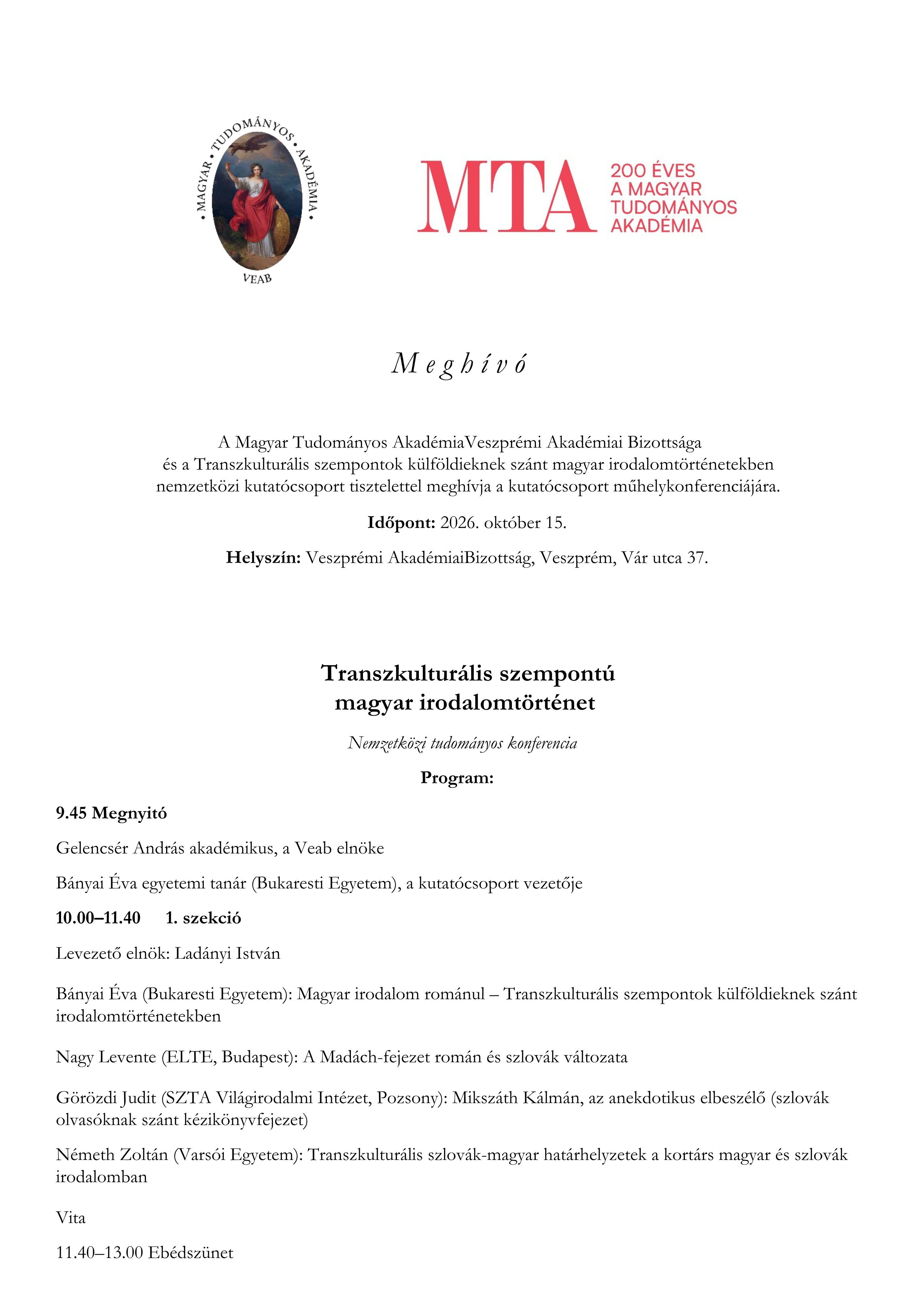 HONLAPRA Transzkulturalis szempontu magyar irodalomtortenet konferencia program 1
