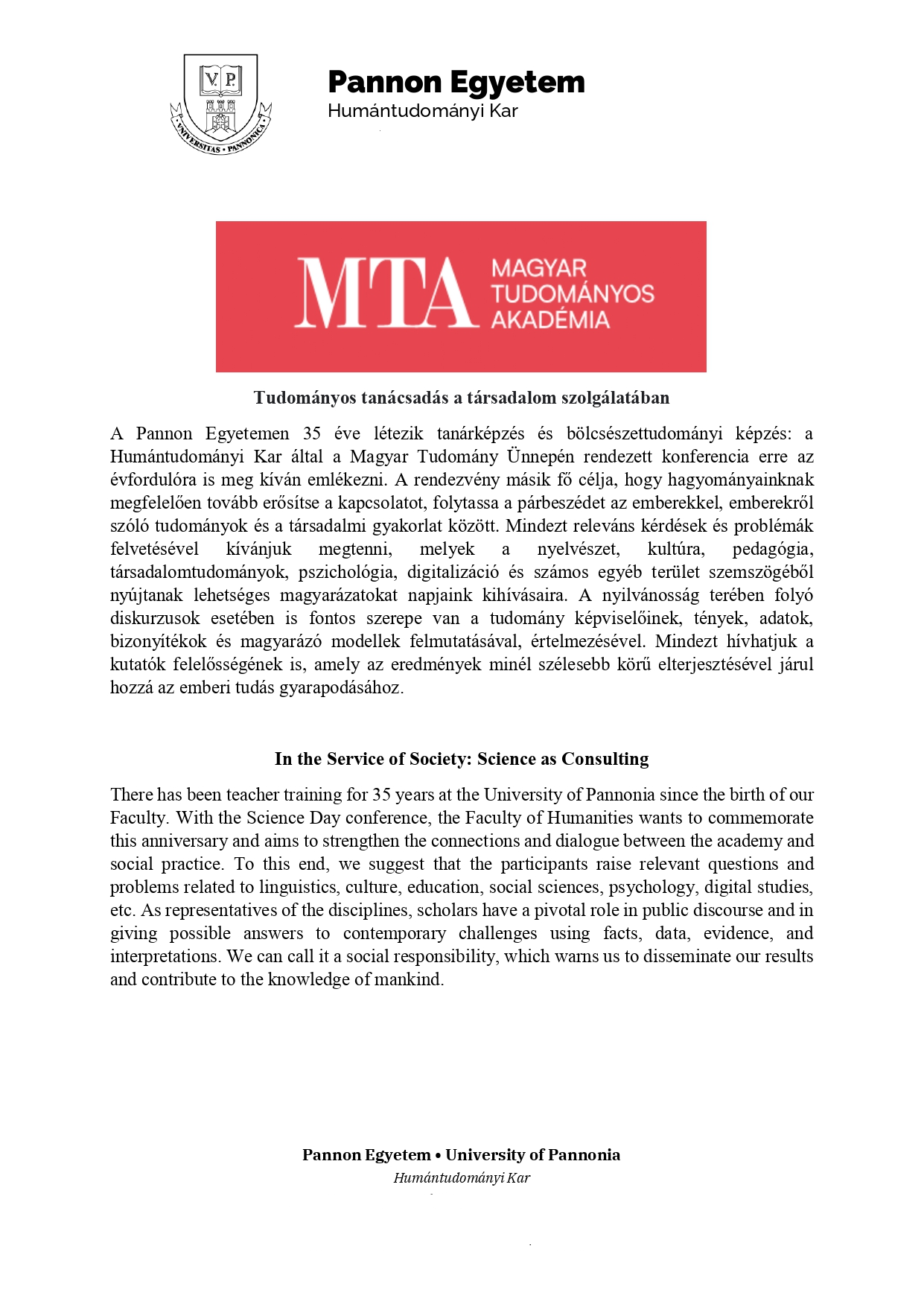 Magyar Tudomány Ünnepe Kari Konferencia, 2024