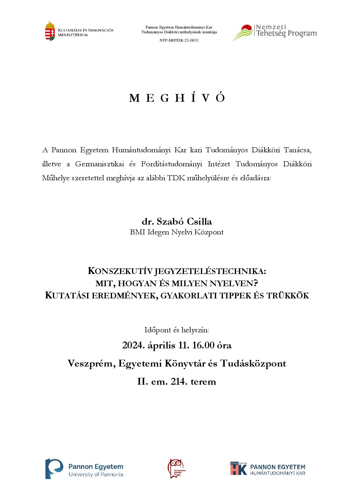 Meghívó dr. Szabó Csilla előadására az egyetemünk Könyvtárába